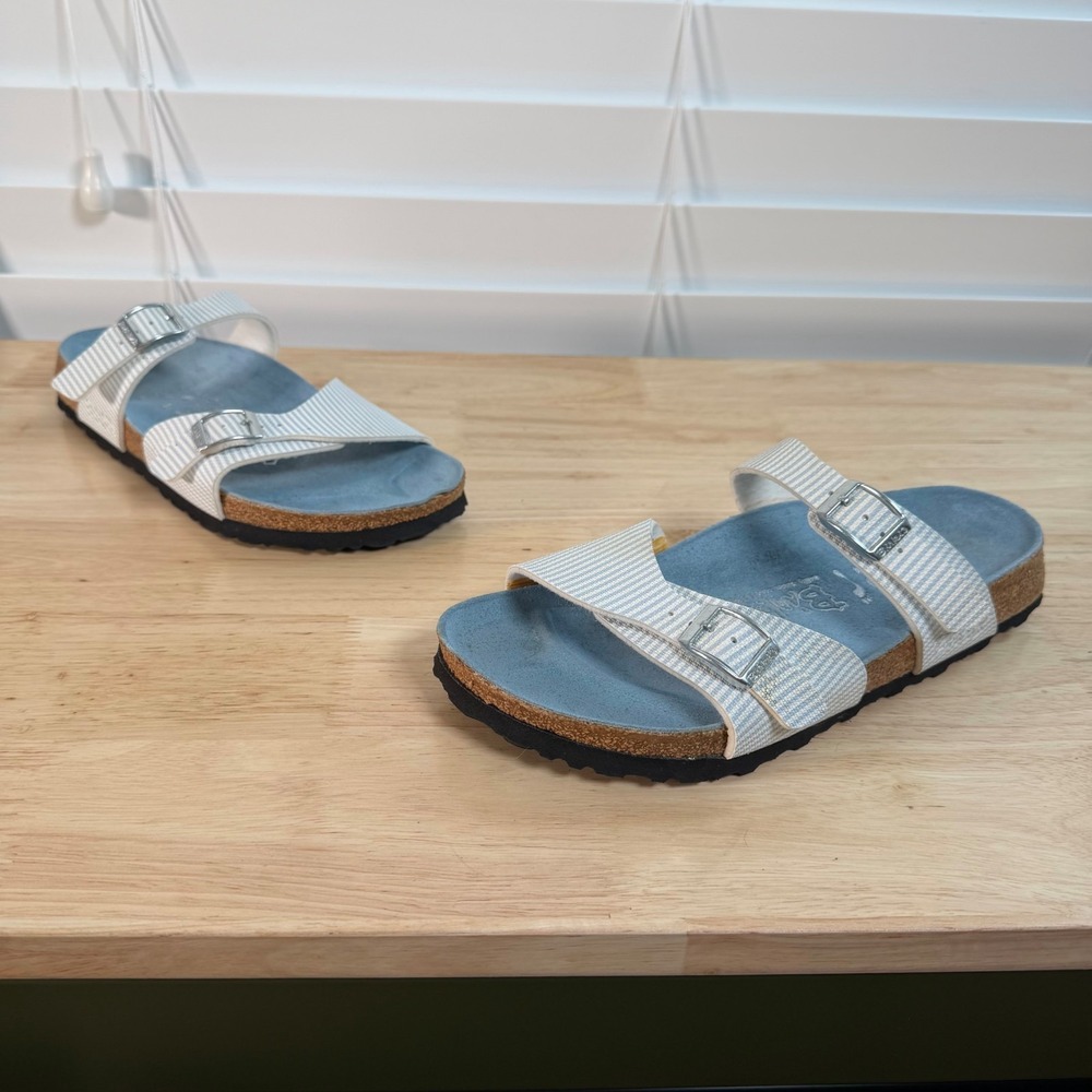 Birki's Birkenstock Flat Sandals Womens White Blue Striped Slip On Casual - 6 37